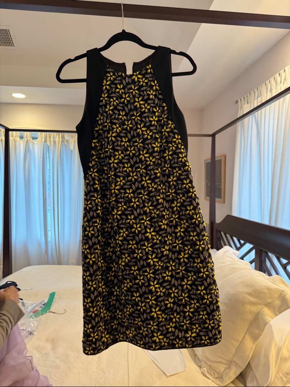 Sleeveless Black Mini Dress with Yellow Floral Pattern